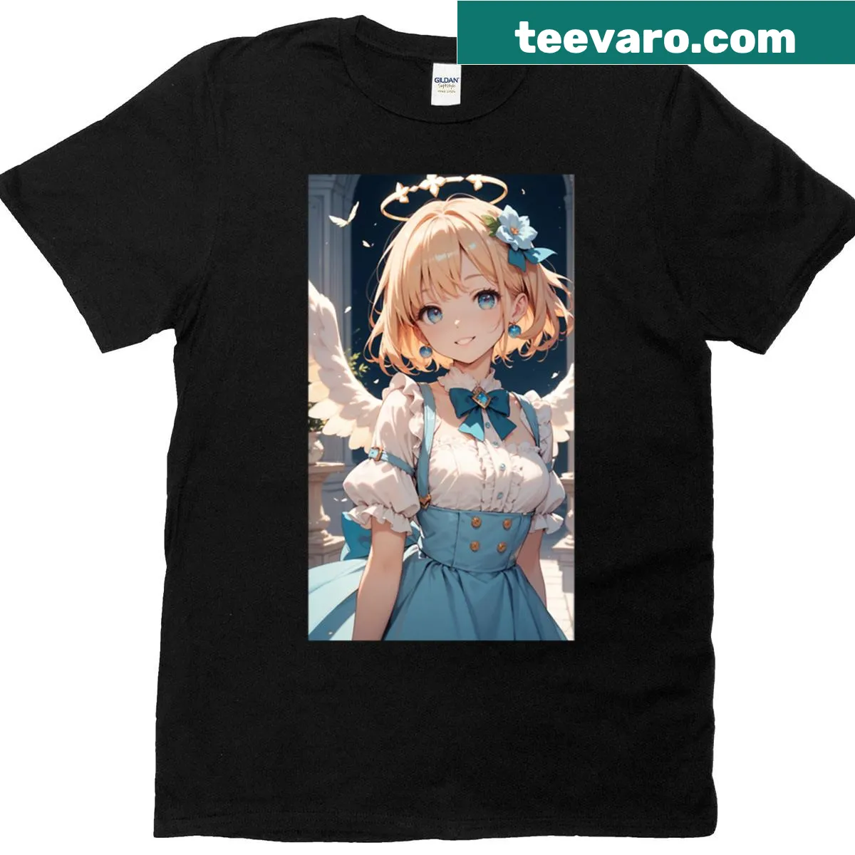Illustration of a blonde angel with blue accents on a t-shirt — on a men's t-shirt