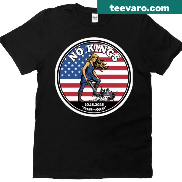 T-shirt featuring shattered crown and American flag, anti-monarchy theme