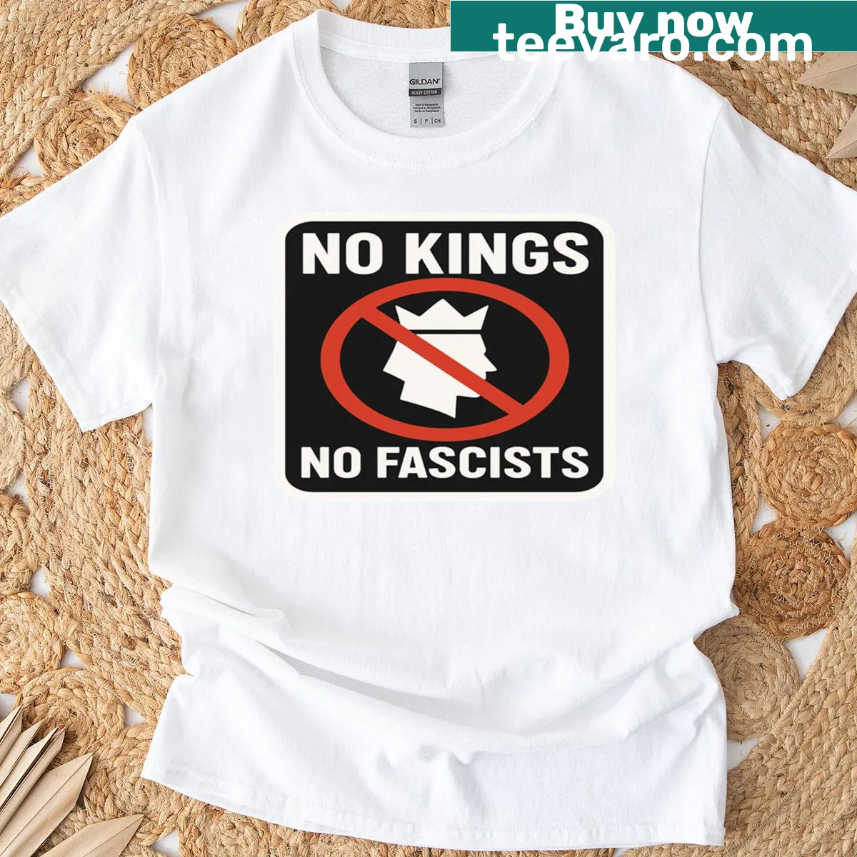 No Kings No Fascists t-shirt with strong typography — on a men's t-shirt