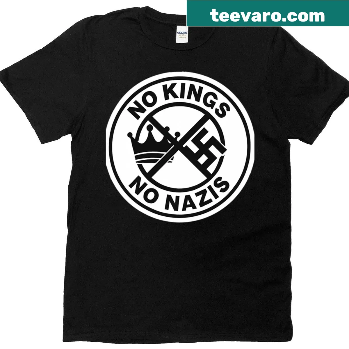 Anti-fascist T-shirt with No Kings No Nazis text — on a men's t-shirt