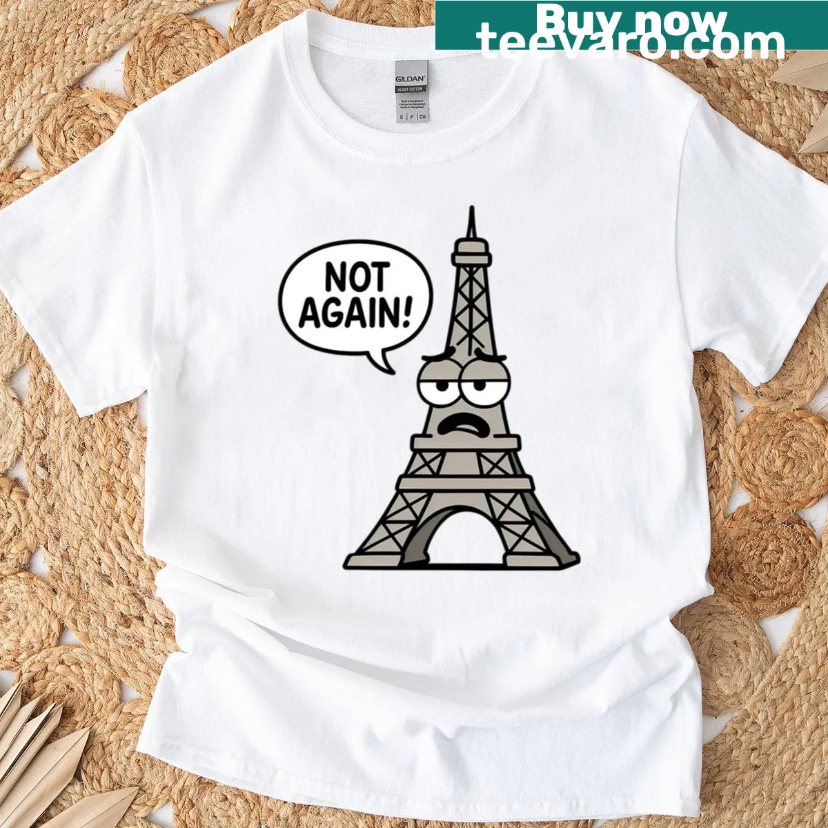 Funny t-shirt with a humorous take on the Eiffel Tower — on a men's t-shirt
