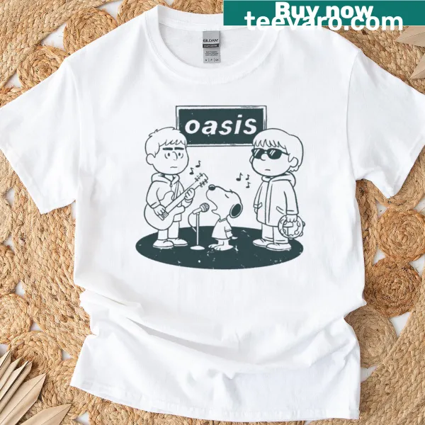 Playful t-shirt featuring Oasis and Snoopy collaboration