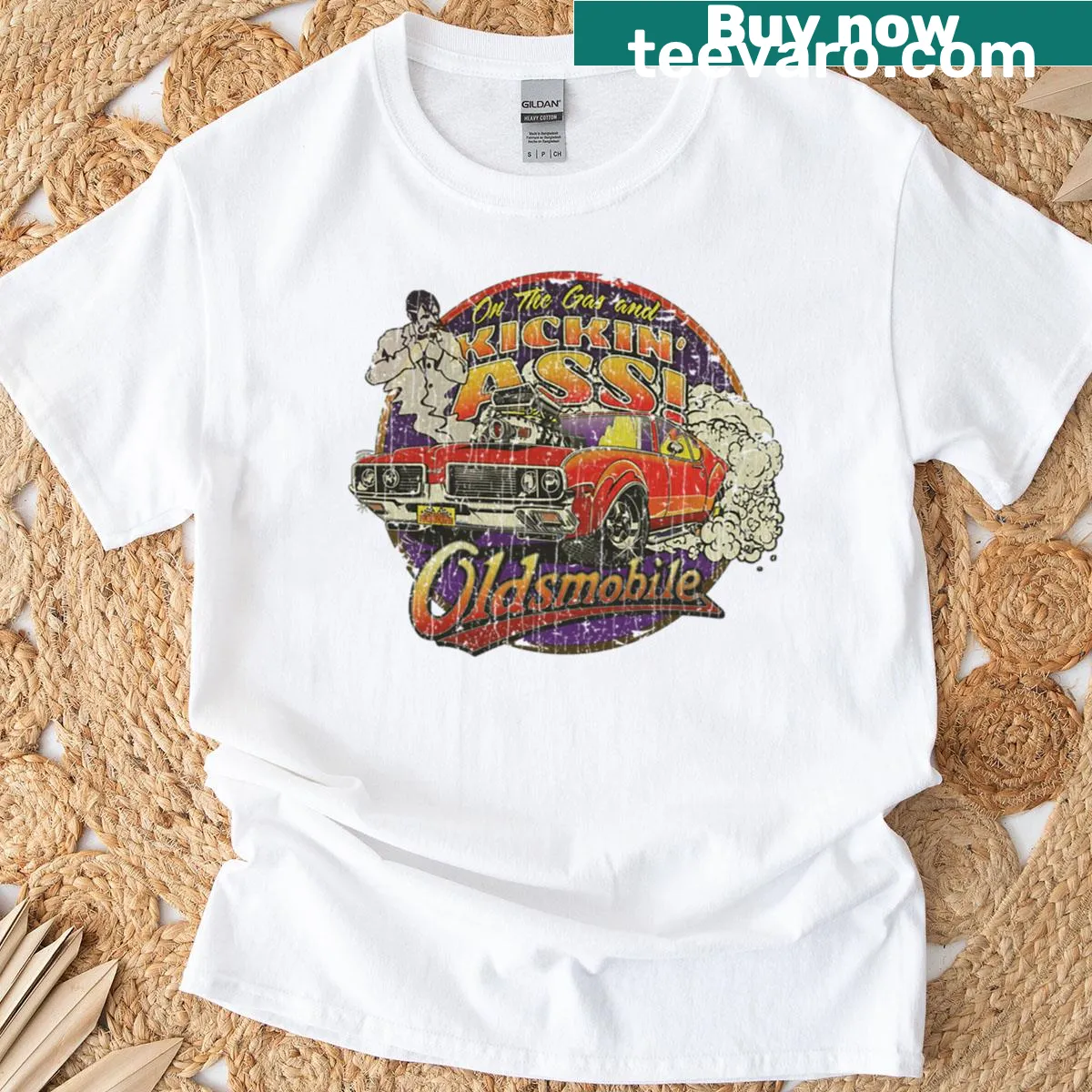 Vintage 1969 Oldsmobile 442 graphic T-shirt — on a men's t-shirt