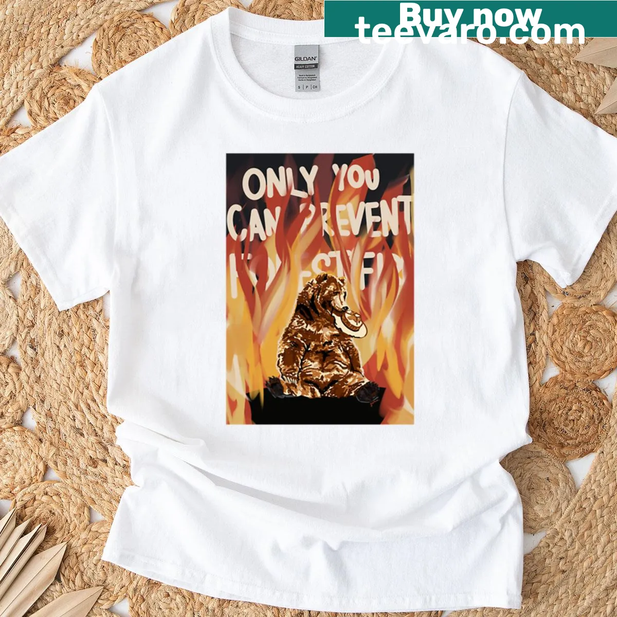 Smokey the Bear T-shirt with forest fire prevention message — on a men's t-shirt