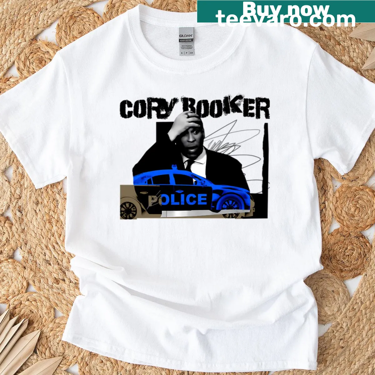 Grunge-style T-shirt featuring Cory Booker in distressed design — on a men's t-shirt