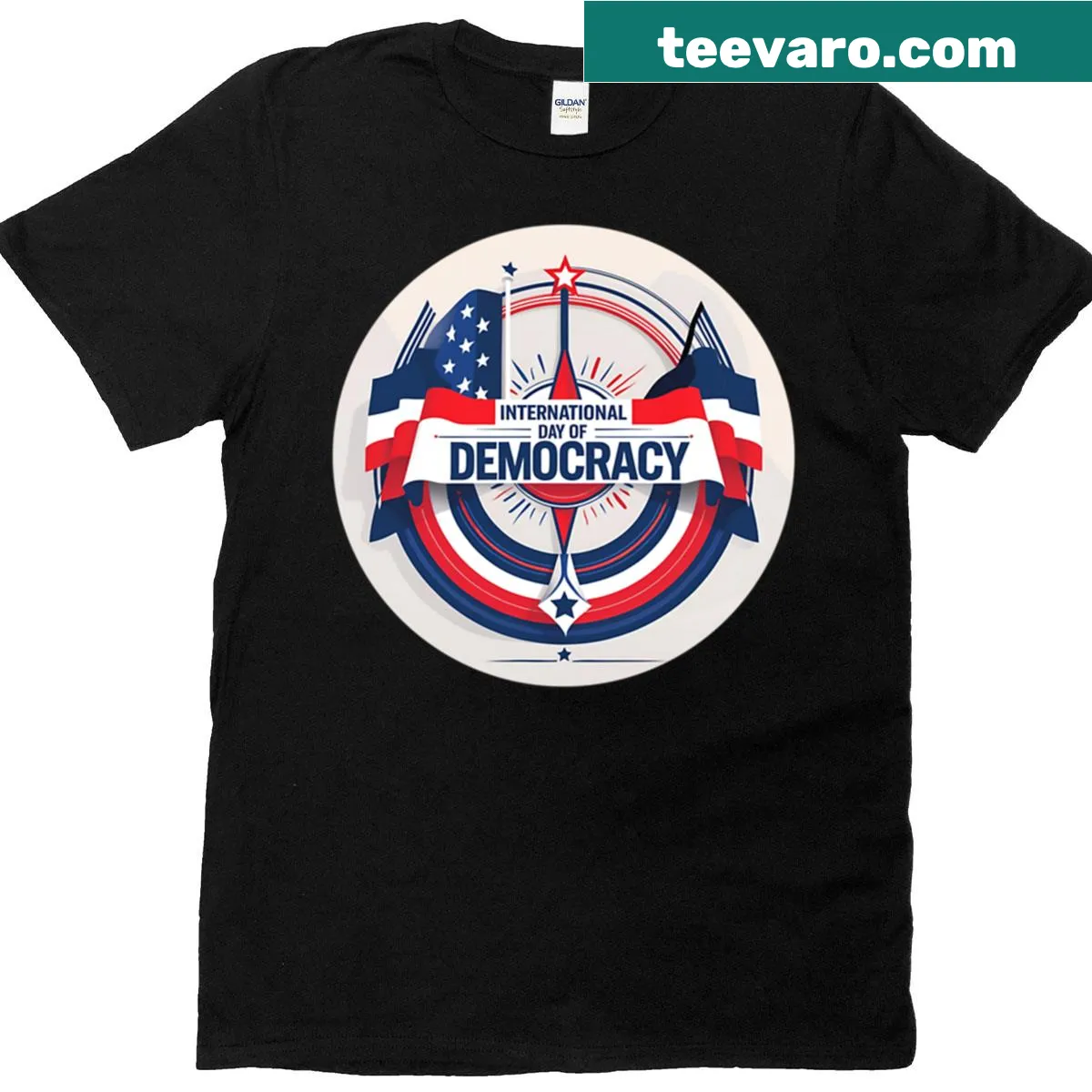 T-shirt with graphic promoting democracy in patriotic design — on a men's t-shirt