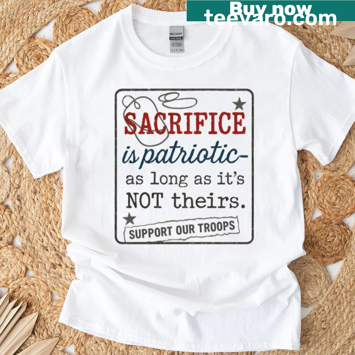 Patriotic Sacrifice Exposed t-shirt with bold lettering — on a men's t-shirt