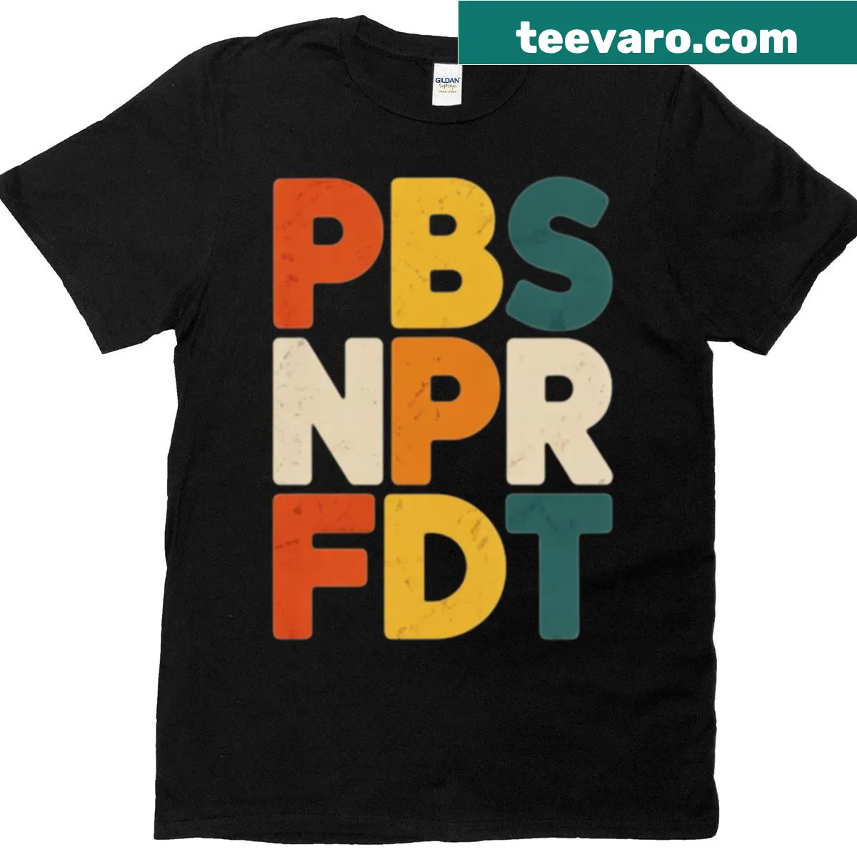 Retro t-shirt featuring PBS and NPR logos with a political statement. — on a men's t-shirt