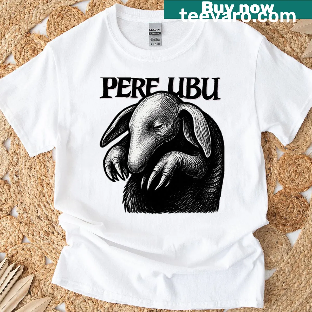 Illustration of a baby armadillo representing Pere Ubu — on a men's t-shirt