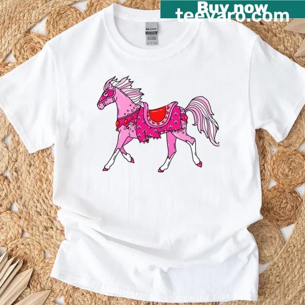 Cute T-shirt featuring a pink pony on a carousel illustration
