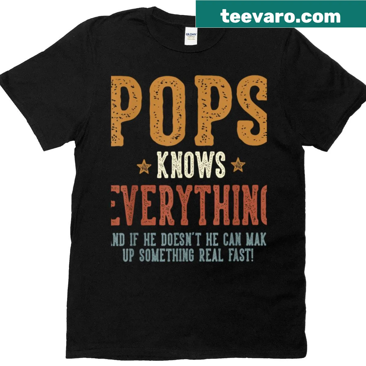 Humorous t-shirt for dads with cartoon design stating 'Pops Knows Everything.' — on a men's t-shirt