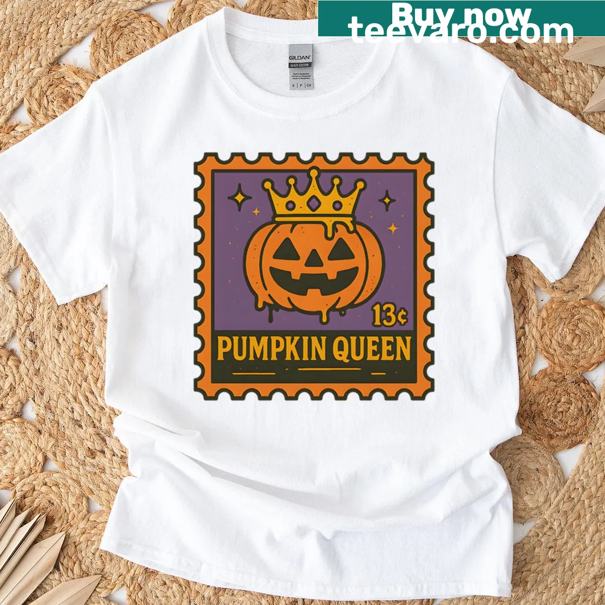T-shirt with a Pumpkin Queen design featuring a jack-o-lantern crown — on a men's t-shirt