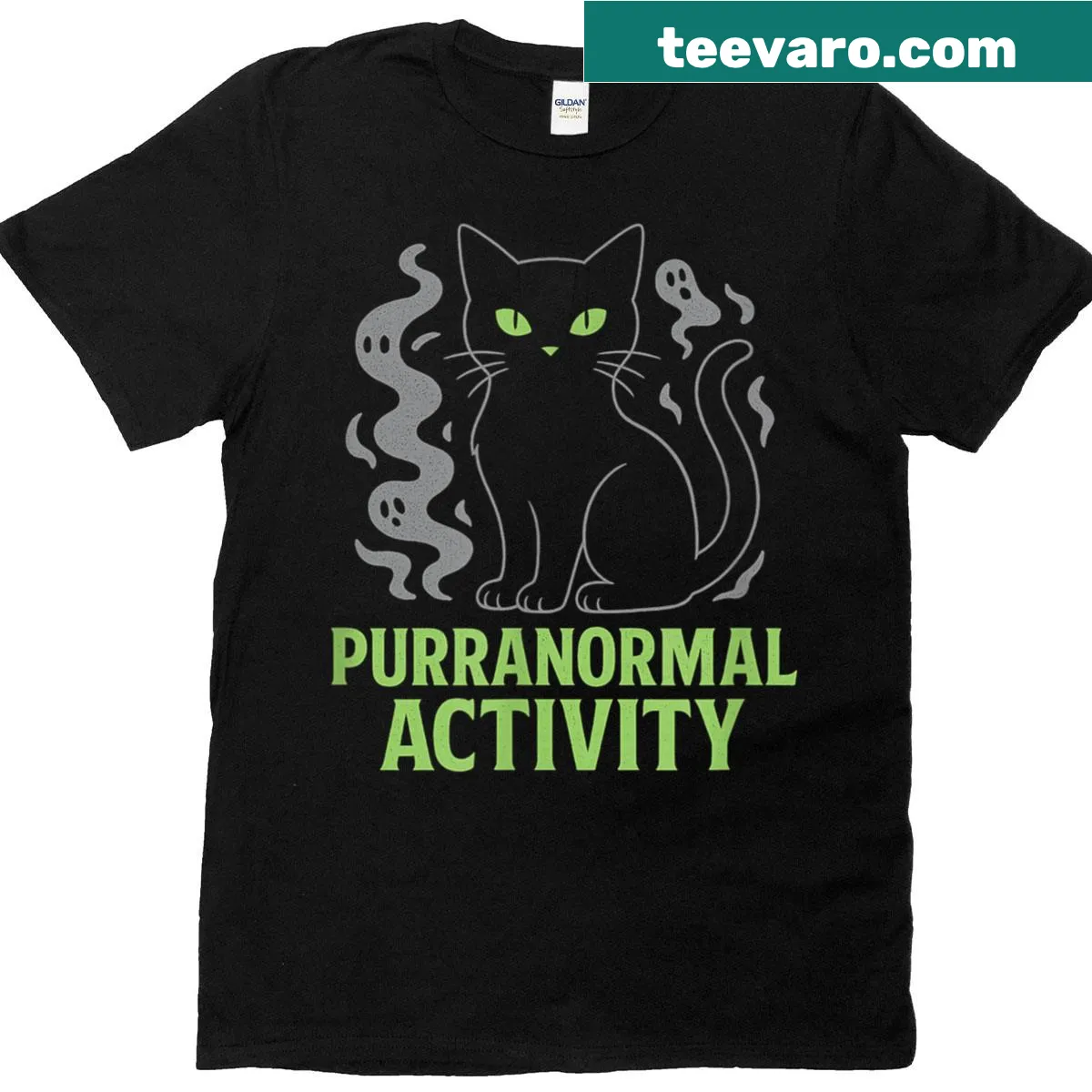 Halloween t-shirt with a playful cat ghost design and 'Purranormal Activity' text — on a men's t-shirt