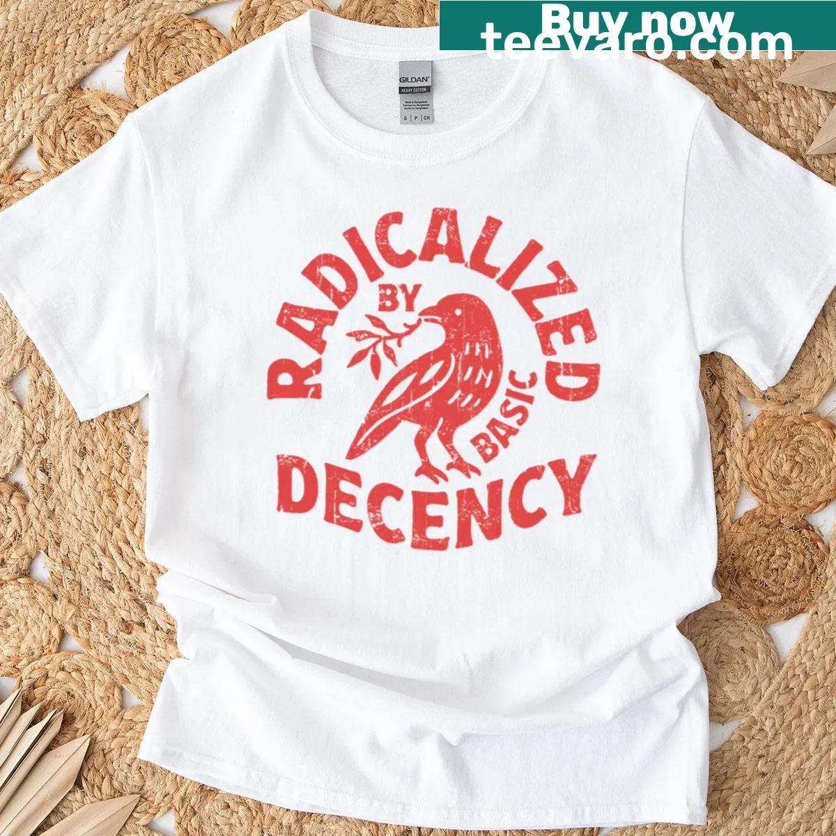 Bold typography shirt with the phrase 'Radicalized By Basic Decency' — on a men's t-shirt
