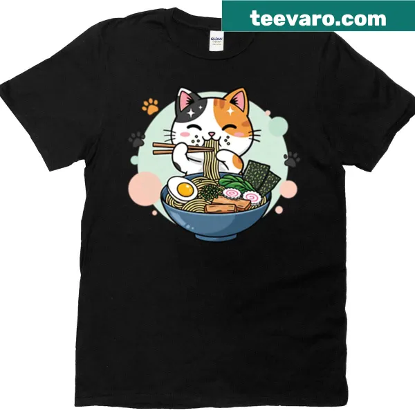 Cute Ramen Cat t-shirt with anime-inspired design