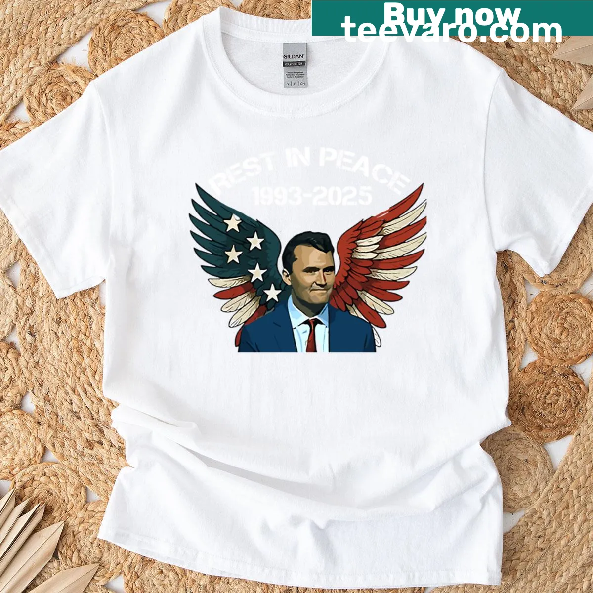 Text design 'Rest In Peace Charlie Kirk - No One Should Die' on t-shirt — on a men's t-shirt