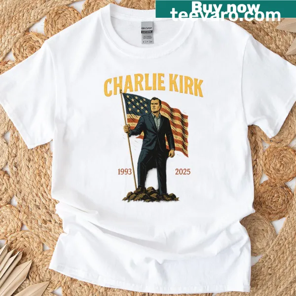 Tribute T-shirt with 'Rip Charlie Kirk 1993-2025' in simple design