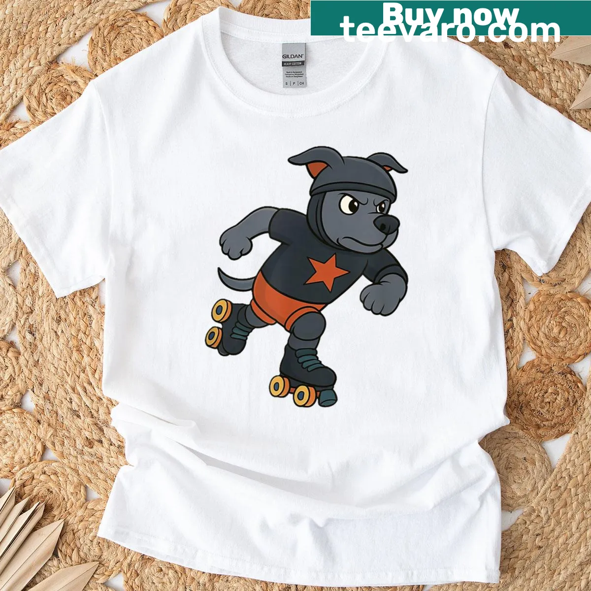 Illustration of a pit bull dog on roller skates on a t-shirt. — on a men's t-shirt