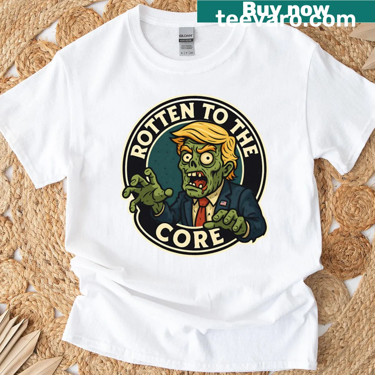 Zombie politician graphic with the phrase 'Rotten To The Core' — on a men's t-shirt