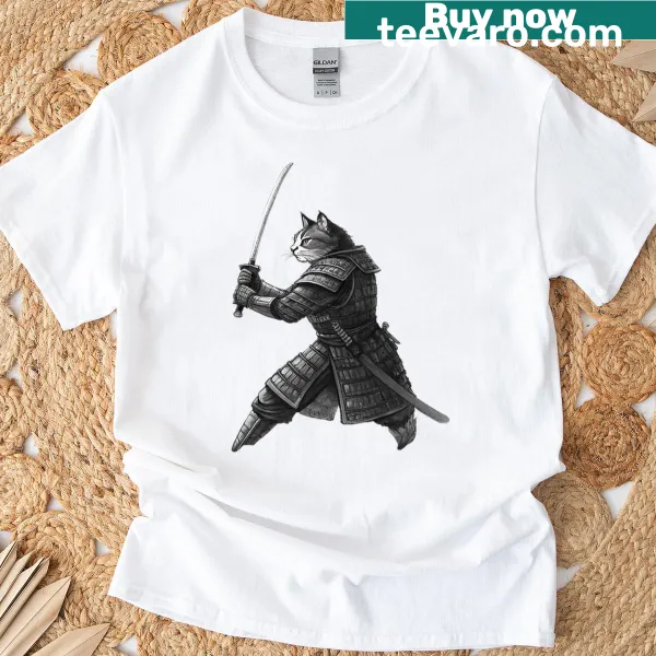Oversized t-shirt featuring a cat in samurai armor with a katana