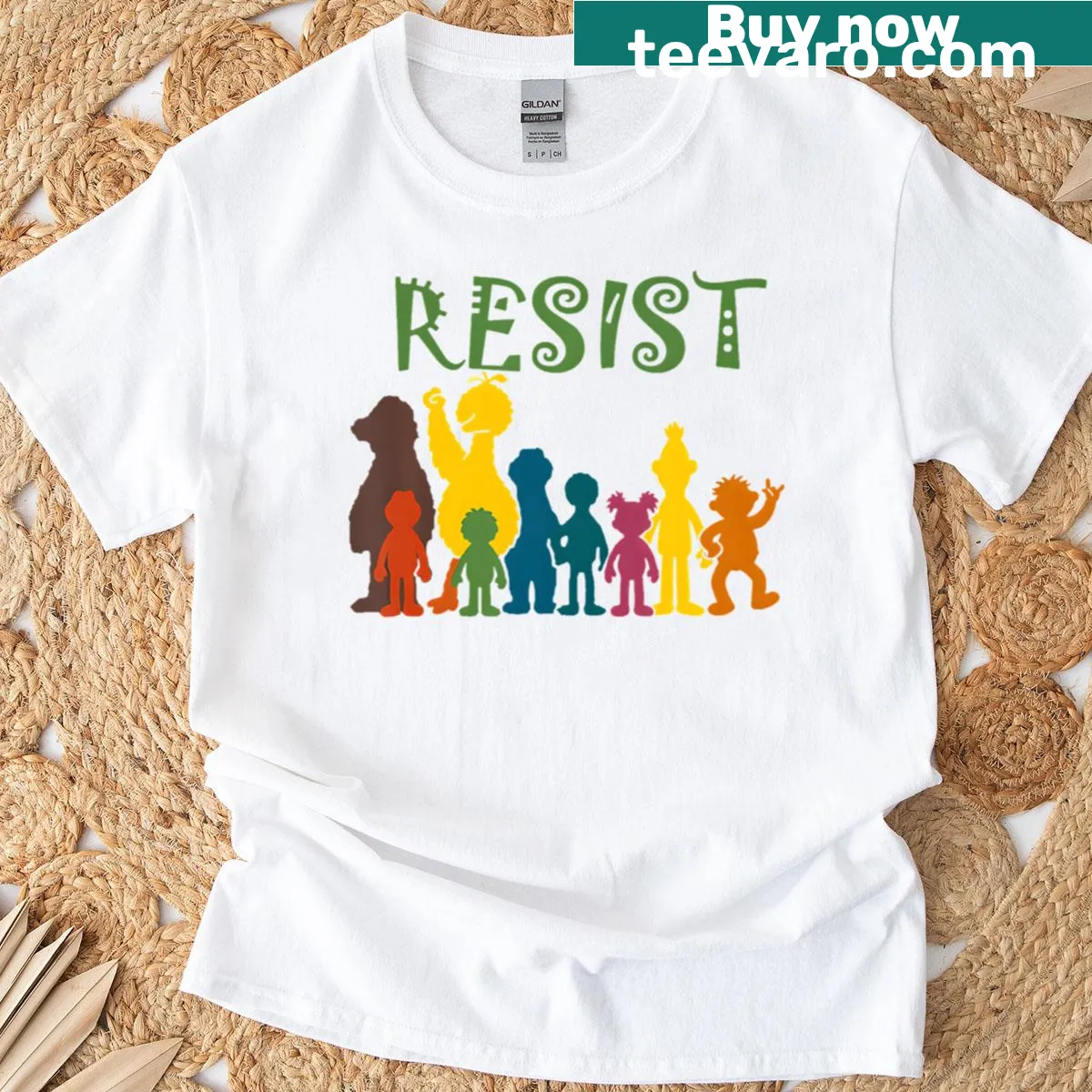 Graphic t-shirt featuring the text 'Save Pbs Resist' with rainbow elements — on a men's t-shirt