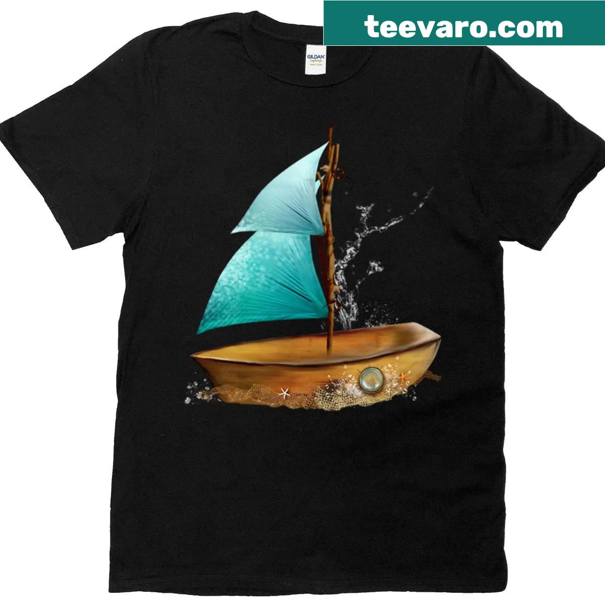 Illustration of a sailboat and sea shells on an oversized nautical t-shirt — on a men's t-shirt