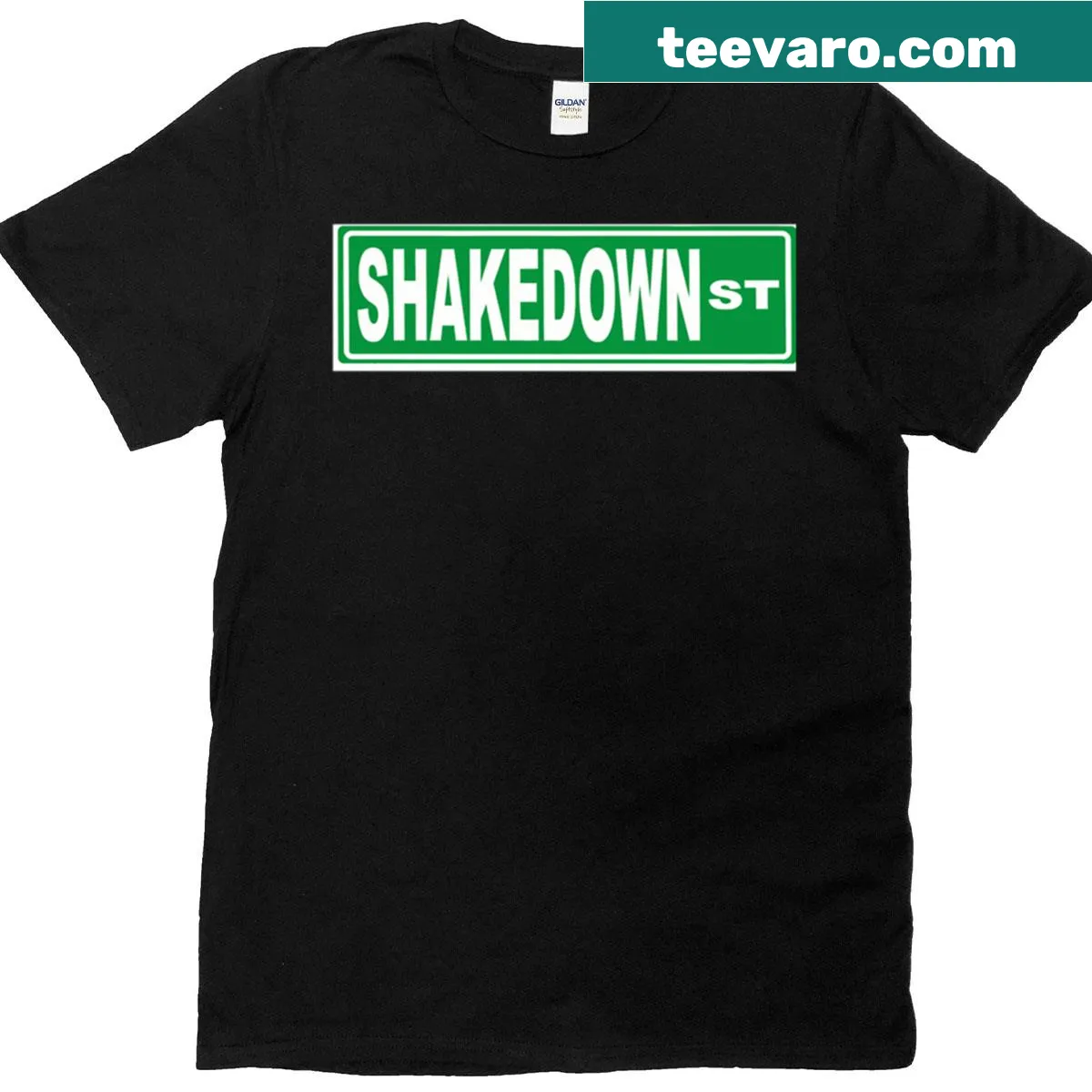 Illustrative Shakedown Street t-shirt with abstract music-themed design — on a men's t-shirt
