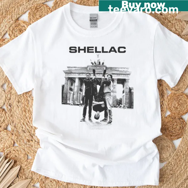 Illustrative Shellac Rock T-shirt design depicting music history.