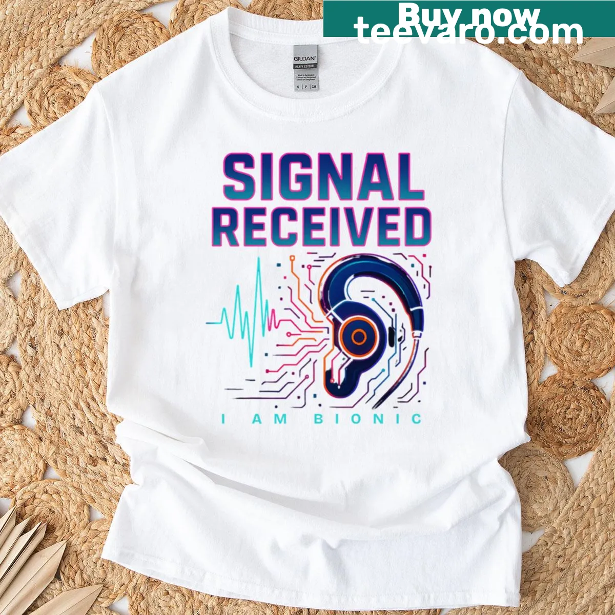 Boxy T-shirt with 'Signal Received I Am Bionic' text — on a men's t-shirt