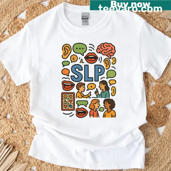 T-shirt with speech therapy communication illustrations for SLPs