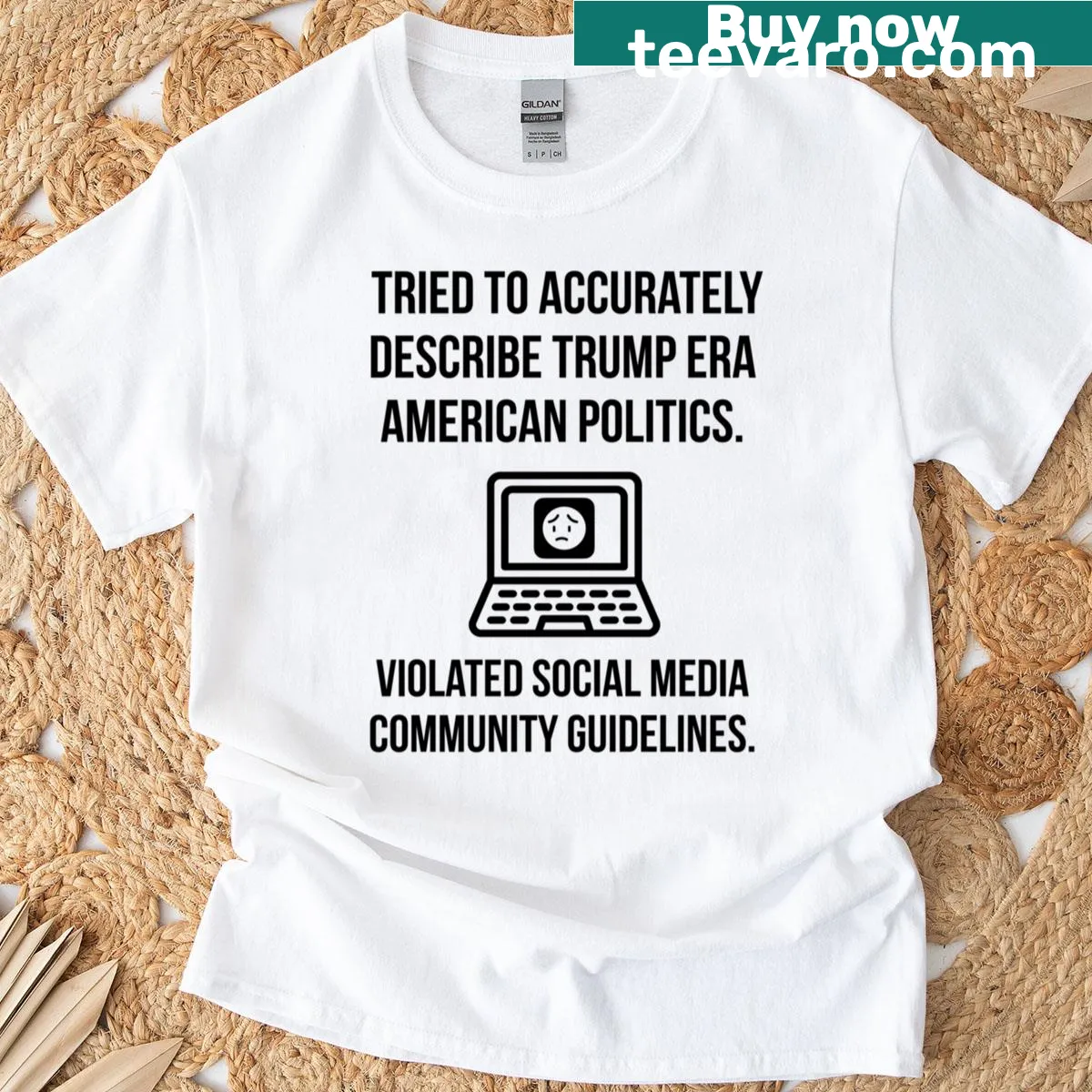 Humorous t-shirt discussing social media and politics with playful text. — on a men's t-shirt