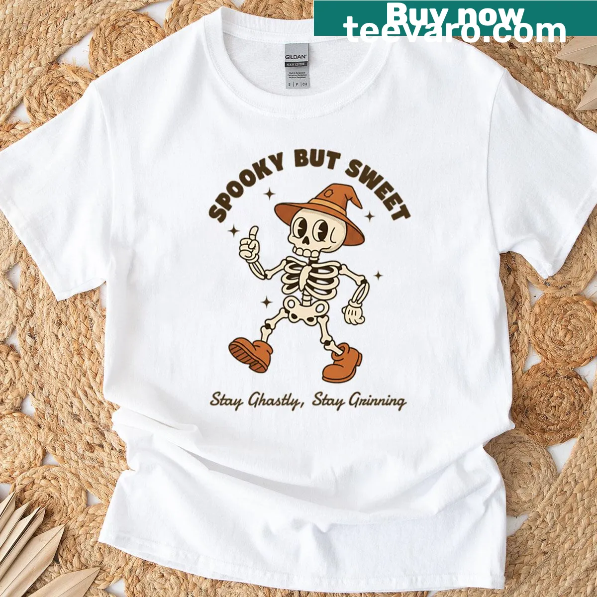 Retro Halloween T-shirt featuring a cute skeleton witch design — on a men's t-shirt