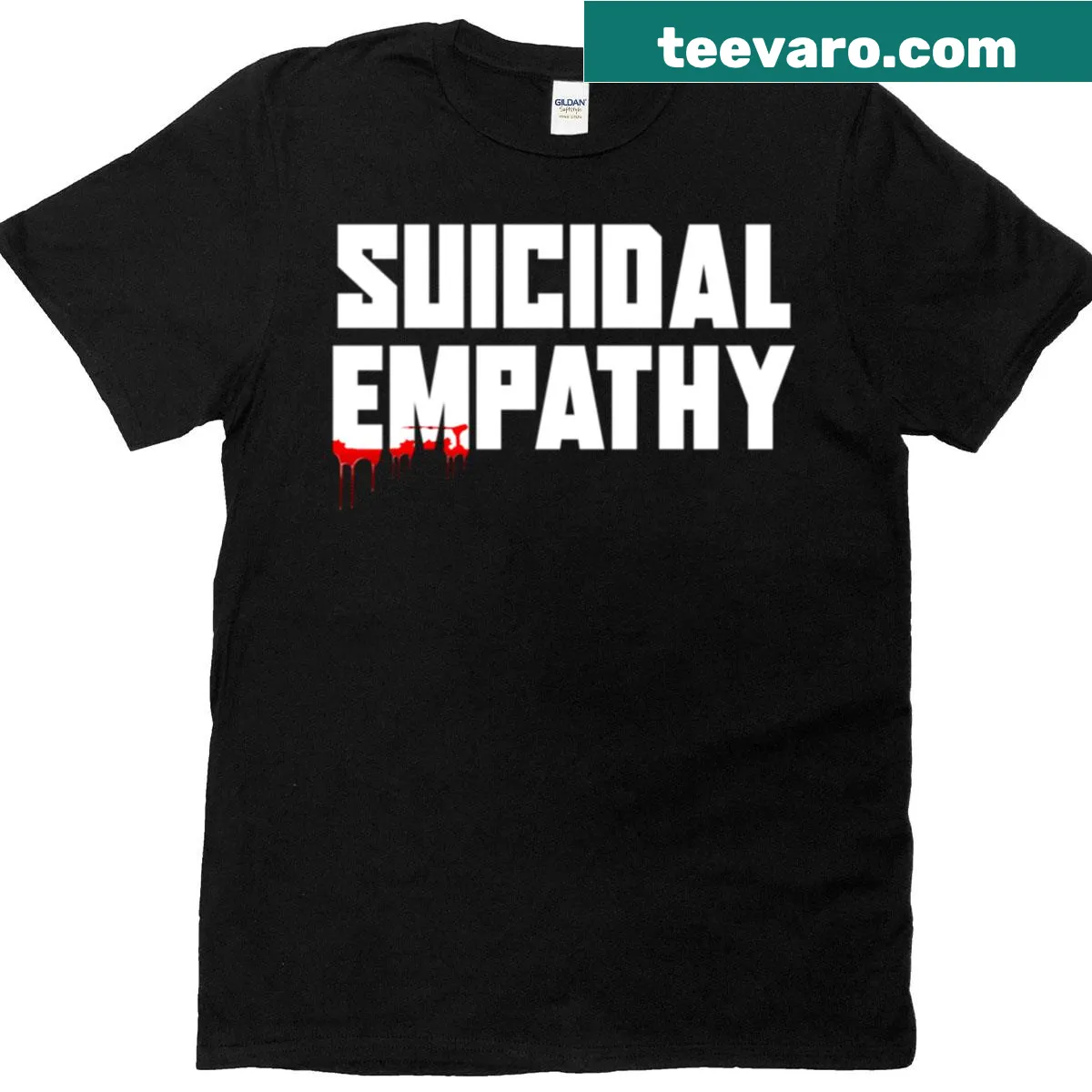 Edgy typography t-shirt featuring the phrase Suicidal Empathy — on a men's t-shirt