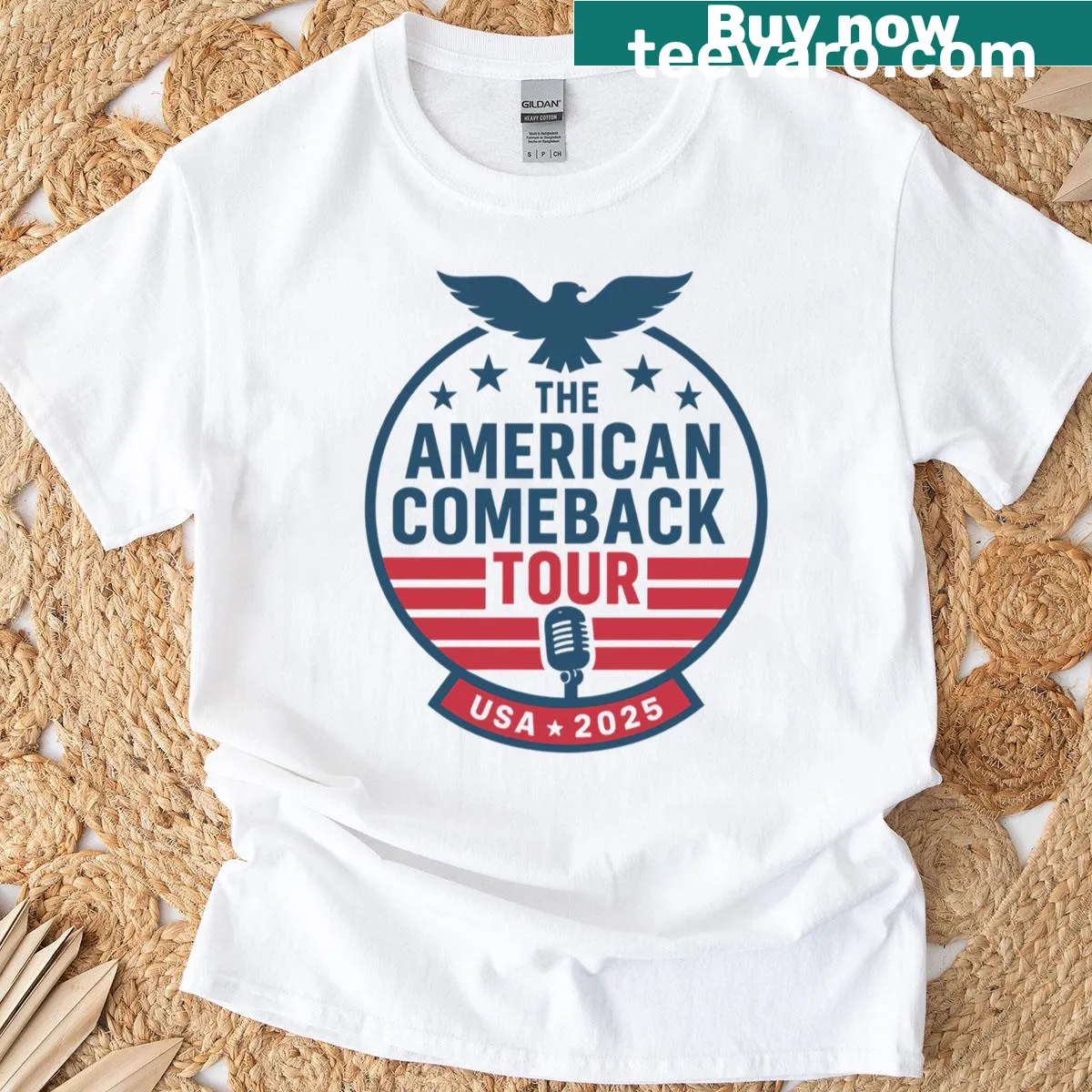 Patriotic t-shirt with 'American Comeback Tour 2025' text — on a men's t-shirt