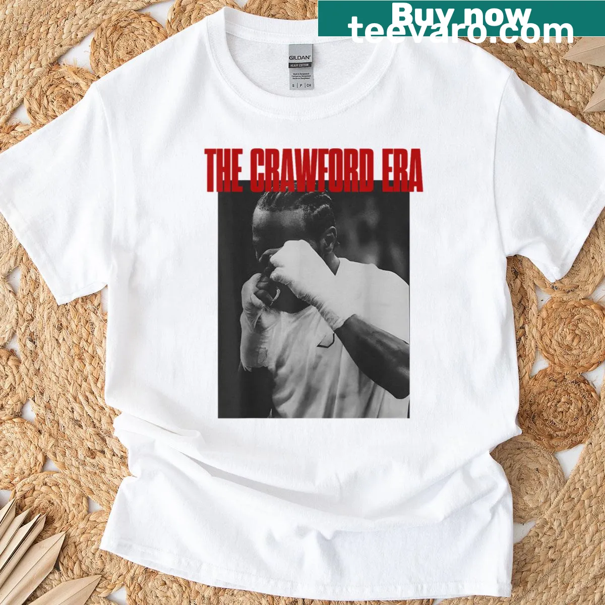Humorous boxing-themed t-shirt with 'The Crawford Era' text — on a men's t-shirt