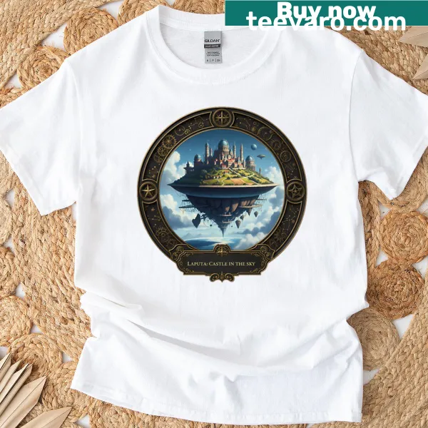 Illustrative t-shirt depicting the Floating Island of Laputa