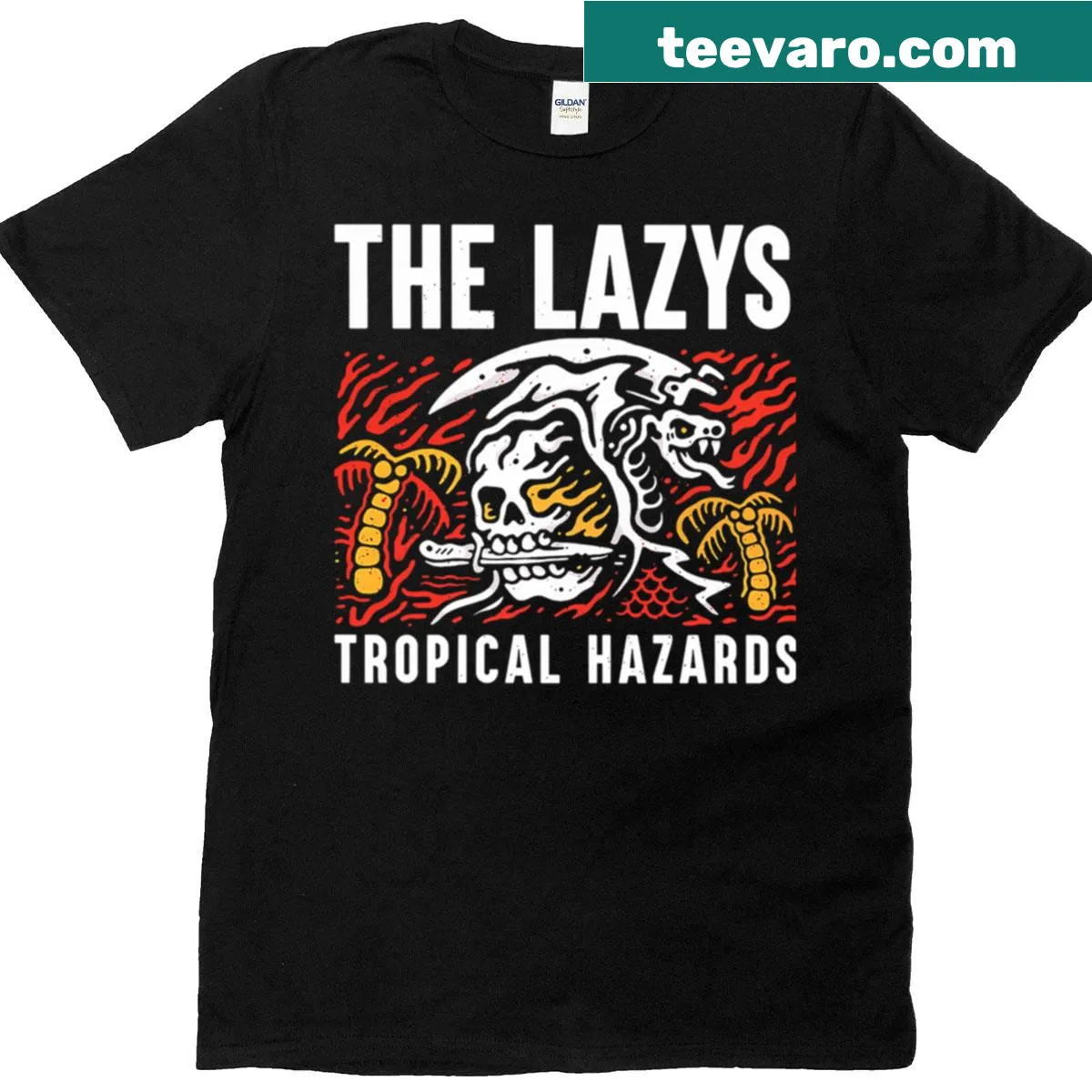 Playful t-shirt featuring tropical hazards illustrations — on a men's t-shirt