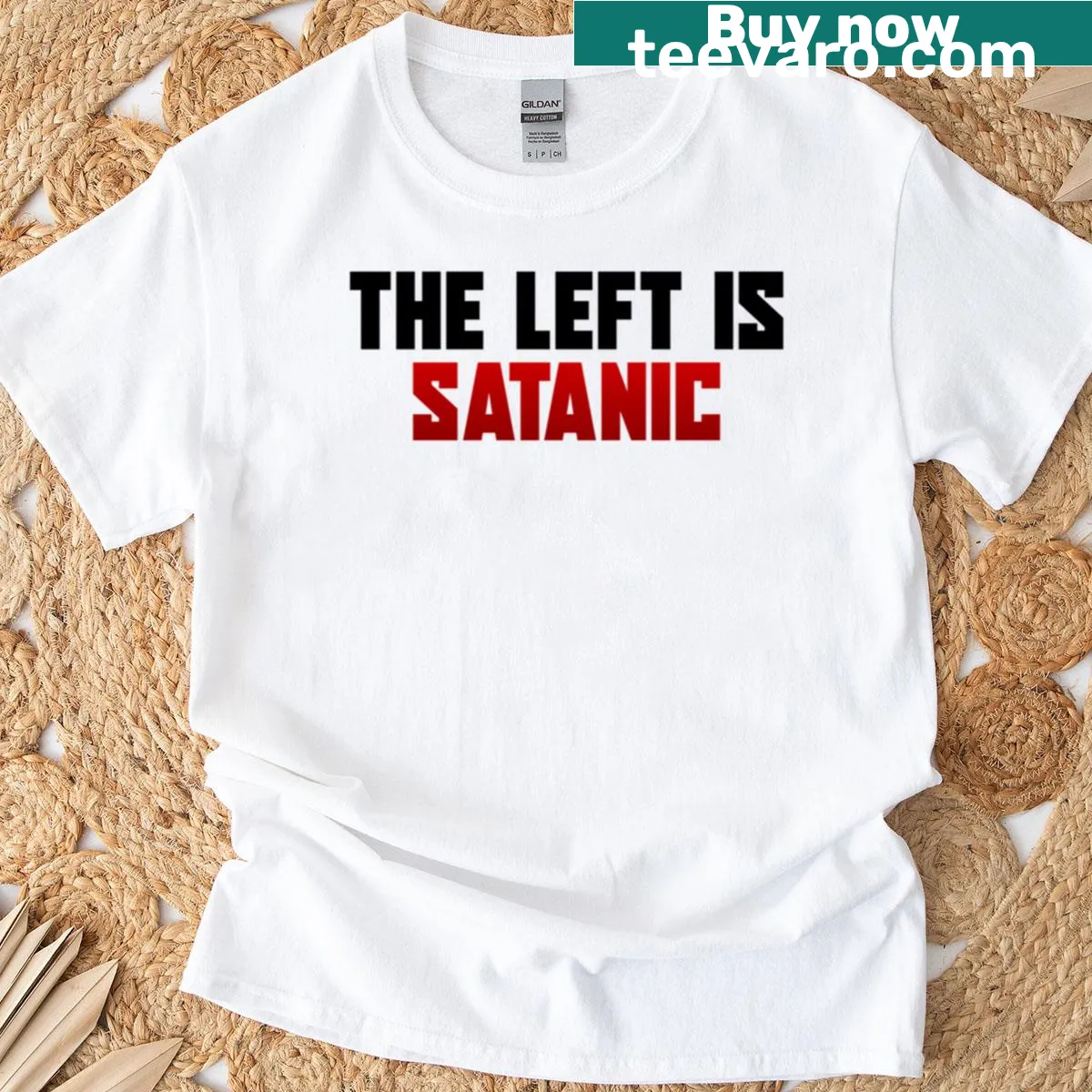 T-shirt featuring a bold phrase about political views — on a men's t-shirt
