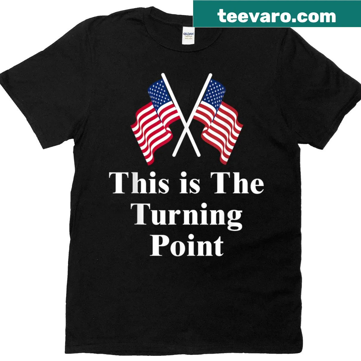 American Flag T-shirt with turning point theme — on a men's t-shirt