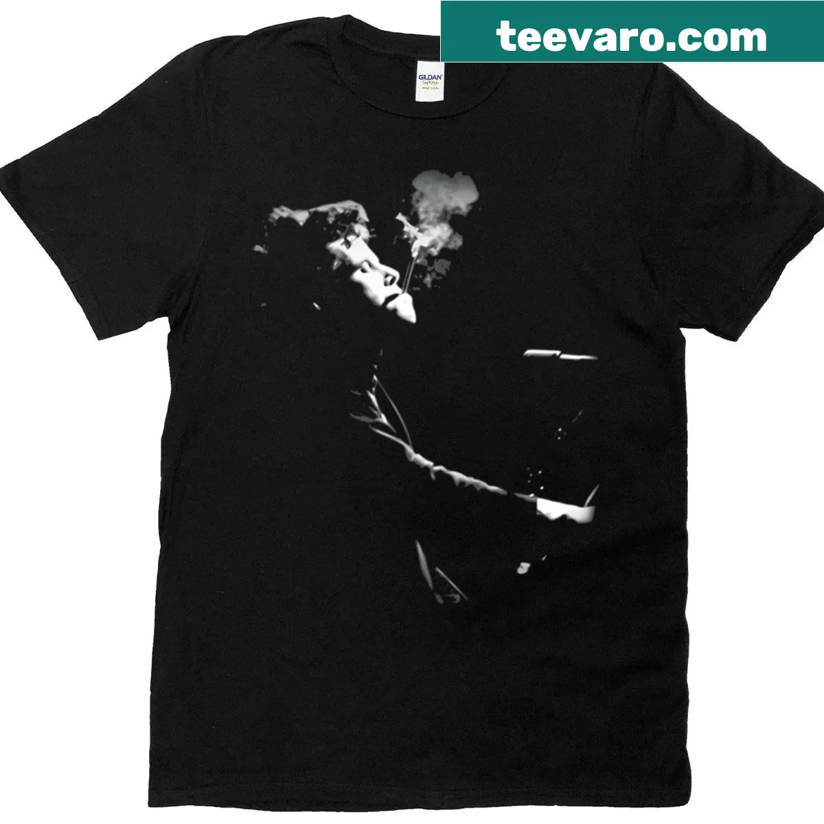 Tom Waits smoking graphic T-shirt with bold typography — on a men's t-shirt