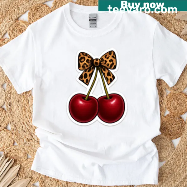 Cheetah print bow with cherry design illustrated on a t-shirt