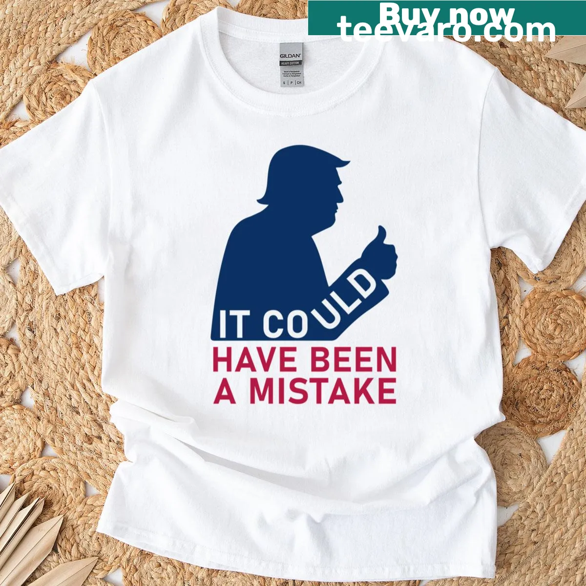 Humorous political commentary T-shirt featuring text design — on a men's t-shirt