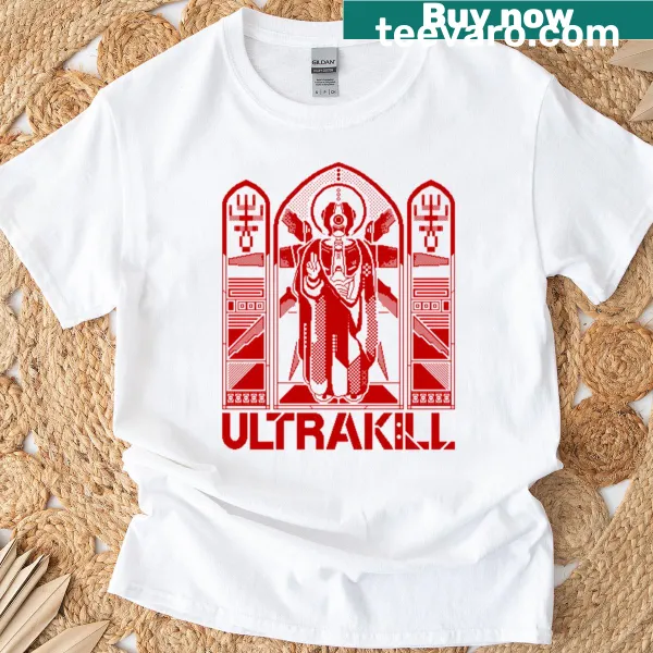 T-shirt featuring Gabriel from the Ultrakill game with dynamic graphics.