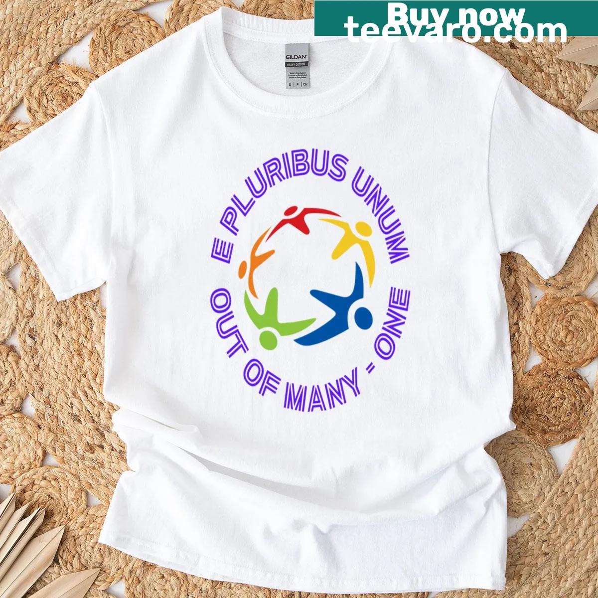 Typography t-shirt with the phrase 'Unity - E Plurimus Umum - Out Of Many One'. — on a men's t-shirt