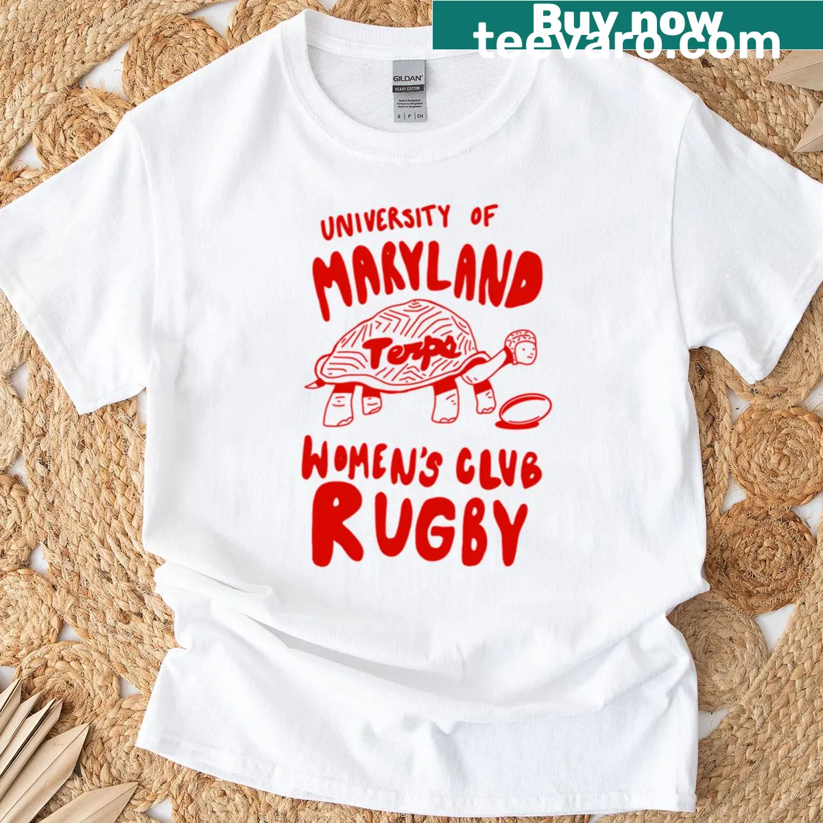 University of Maryland women's T-shirt with Club Rugby graphic — on a men's t-shirt