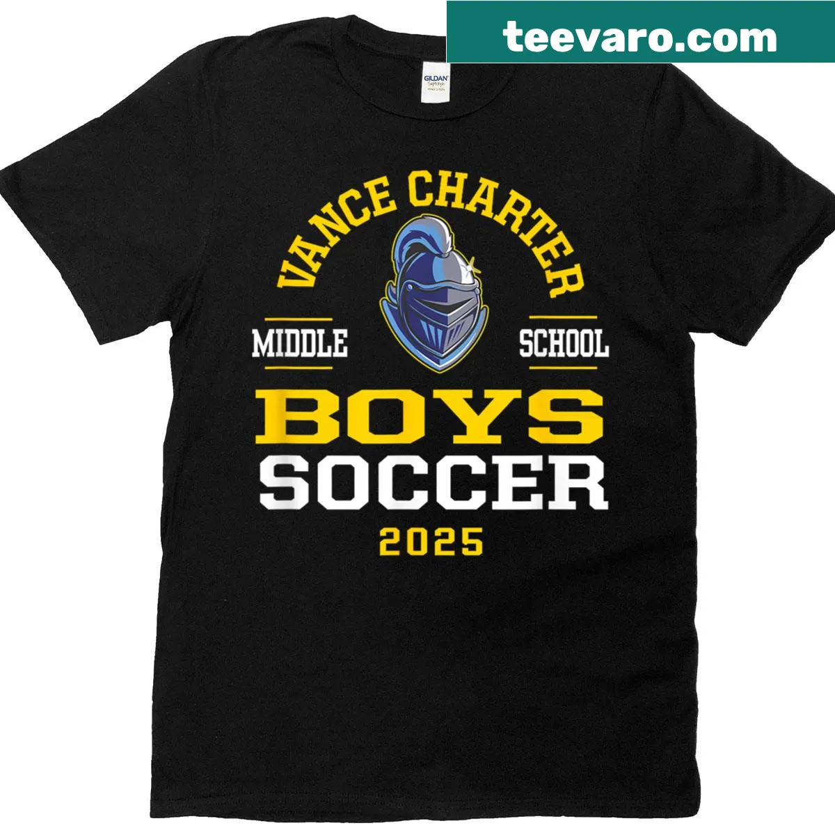 VCS Knights 2025 boys soccer T-shirt with bold typography — on a men's t-shirt