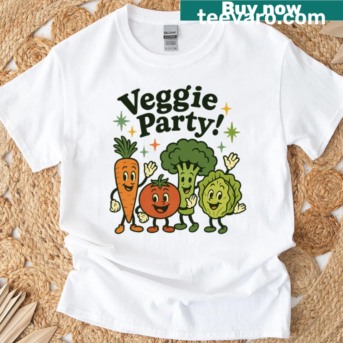 Oversized t-shirt featuring cute dancing vegetables in a fun design. — on a men's t-shirt