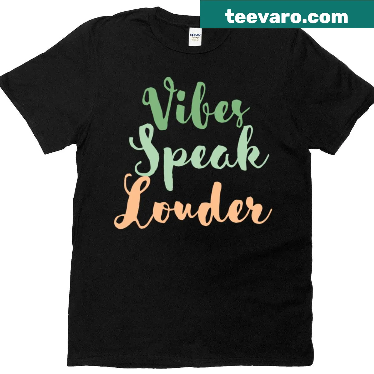 Cute T-shirt with 'Vibes Speak Louder' text design. — on a men's t-shirt