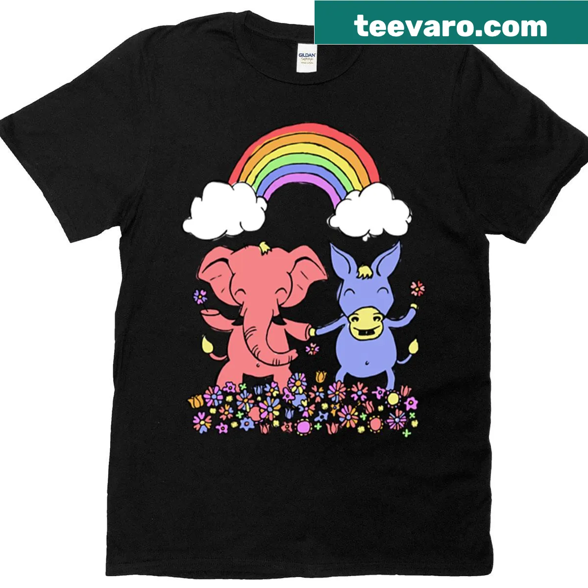 Whimsical donkey and elephant illustration promoting political unity — on a men's t-shirt