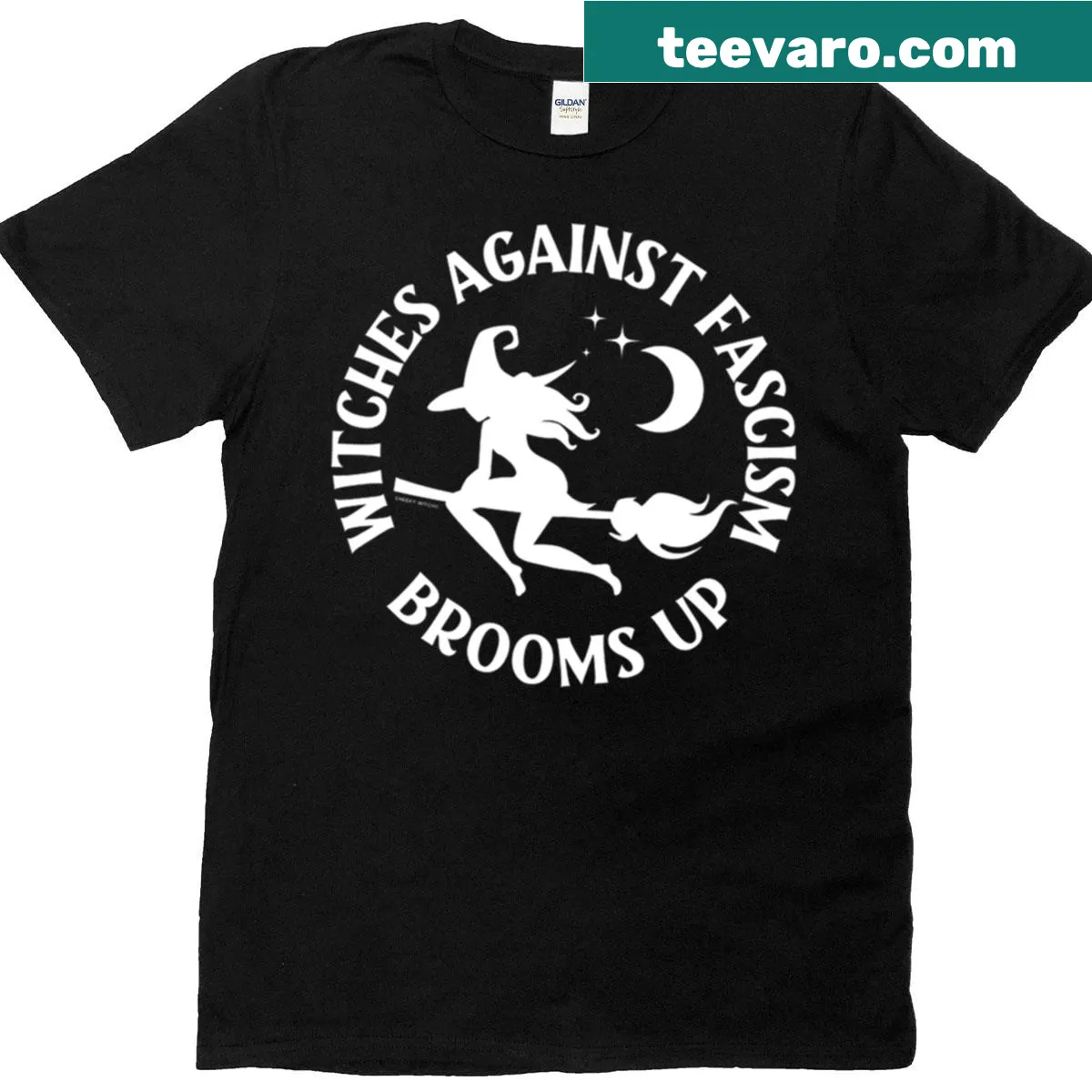Limited edition T-shirt with 'Witches Against Fascism' text and broom imagery. — on a men's t-shirt